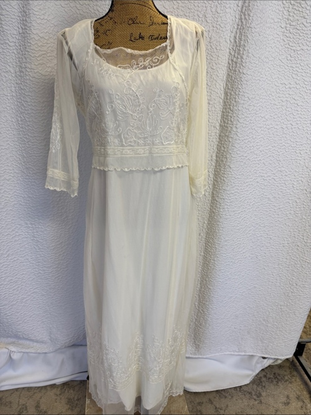 Nataya Ivory Embroidered Maxi Dress with Sheer Sleeves Wedding/ Tea Party